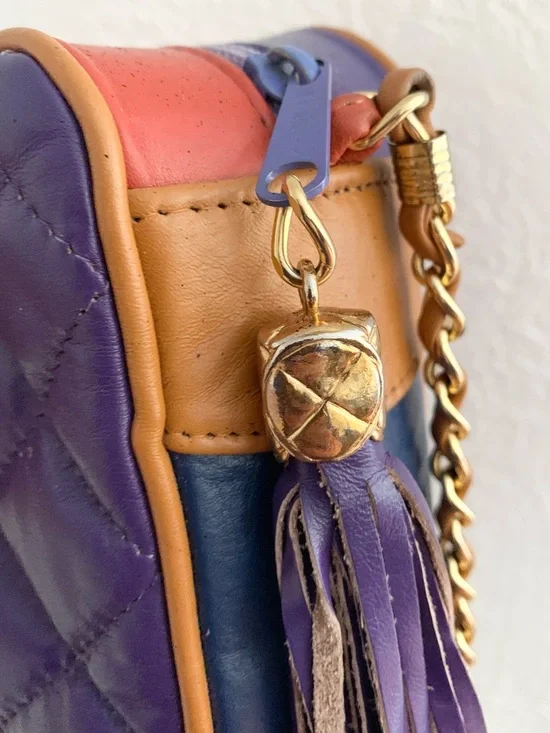 Vintage Quilted Color Block Multi-Color Leather Studded Tassel Crossbody Bag - Picture 12 of 17